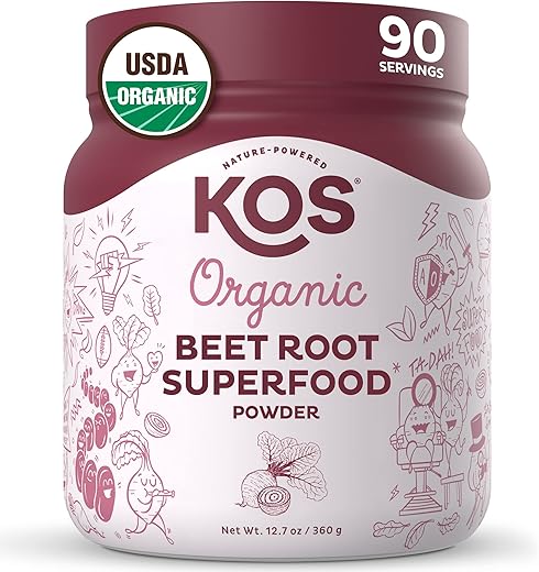 Beet Root Powder Orgânico – Certificado pelo USDA, Impulsionador de Óxido Nítrico, Sem Transgênicos, Sem Glúten - KOS