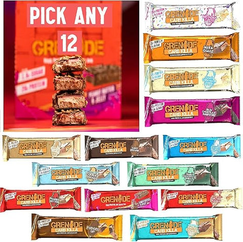 Escolha 12 Barras de Proteína de 13 Sabores Incríveis. Caramelo Salgado, Massa de Biscoito, Delícia de Chocolate, Manteiga de Amendoim, Amendoim Salgado, Bolo de Aniversário e Mais. Alto Teor de Proteína - Grenade Carb Killa