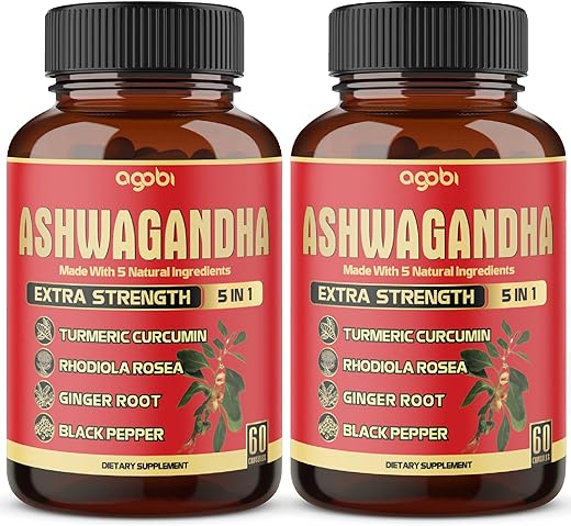 agobi - 2 Pacotes – 60 Cápsulas de Ashwagandha Concentrada – Fórmula 5 em 1 com Ashwagandha, Cúrcuma, Rhodiola Rosea, Gengibre e Pimenta Preta – Suprimento de 4 Meses