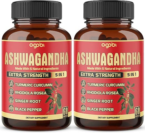 agobi - 2 Pacotes – 60 Cápsulas de Ashwagandha Concentrada – Fórmula 5 em 1 com Ashwagandha, Cúrcuma, Rhodiola Rosea, Gengibre e Pimenta Preta – Suprimento de 4 Meses