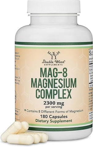 Double Wood Supplements - Magnésio Complexo 180 Cápsulas (436mg de Magnésio Elemental Fornecido por 2.300mg de Oito Formas Diferentes de Magnésio) MAG-8 Oferece 100%% do Valor Diário Recomendado de
