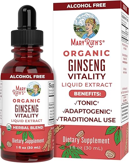 Suplemento Herbal para Função Cerebral | Energia | Memória | Vitalidade USDA | Ginseng com Ashwagandha | Eleuthero e Extrato de Raiz de Maca | 30 ml - MaryRuth Organics