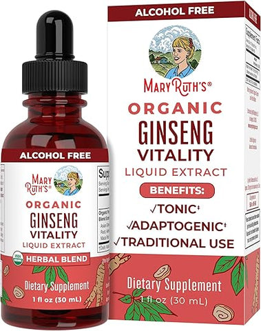 Suplemento Herbal para Função Cerebral | Energia | Memória | Vitalidade USDA | Ginseng com Ashwagandha | Eleuthero e Extrato de Raiz de Maca | 30 ml - MaryRuth Organics