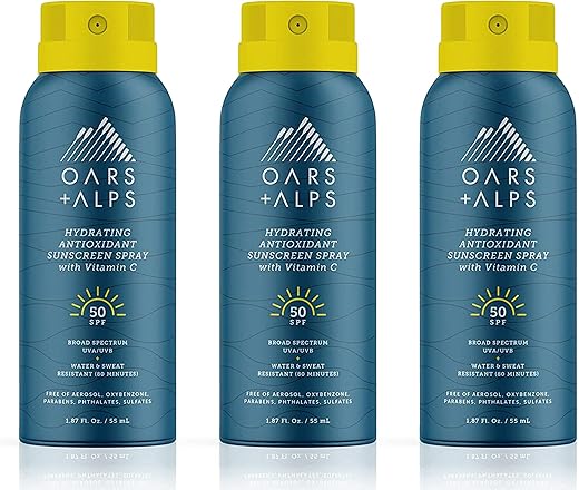 Oars + Alps - Protetor Solar Spray Oars Alps FPS 50, Hidratante com Vitamina C e Antioxidantes, Resistente à Água e Suor, Amigo da TSA, 1,87 ml Cada, Kit com 3