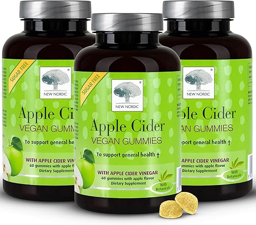 Gomas de Vinagre de Maçã, 400 mg Diários com a Cepa Mãe, Suplemento Dietético Sem Açúcar, Sem Sabor de Vinagre, 60 Unidades (Pacote com 3) - NEW NORDIC