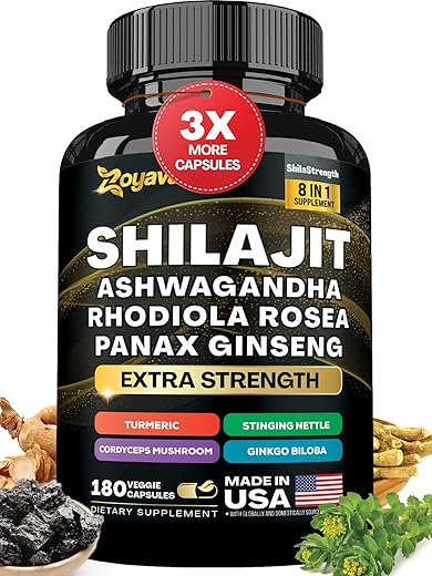 Zoyava - Shilajit 9000 Panax Ginseng 1500MG Ashwagandha 2000MG Rhodiola Rosea 1000MG, Cúrcuma 500MG, Ginkgo Biloba 500MG, Urtiga 250MG, Cogumelo Cordyceps 500MG (15,250 MG – Fórmula Energizante Natural)
