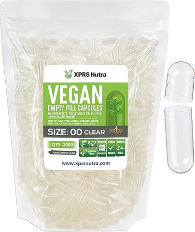 Cápsulas Veganas Tamanho 00 Vazias – 1000 Unidades Transparentes para Preenchimento DIY – Cápsulas Vegetarianas para Encher - XPRS Nutra