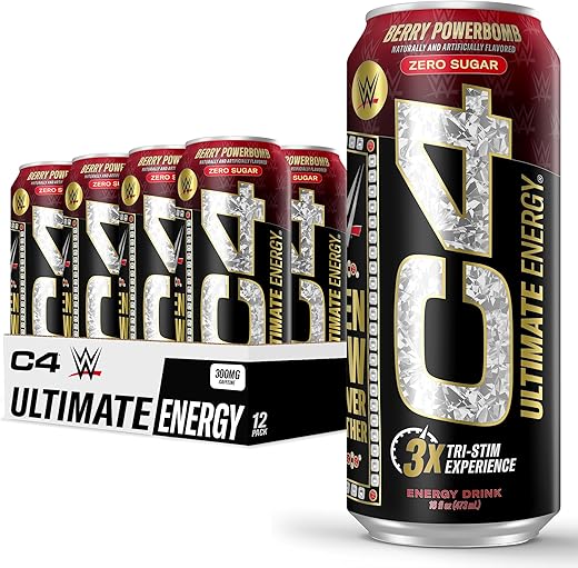 C4 Ultimate x WWE | Bebida Energética Pré-Treino Sem Açúcar | Experiência Tri-Stim com 300mg de Cafeína TeaCrine Dynamine | Berry Powerbomb | 16oz (Pacote com 12) - Cellucor