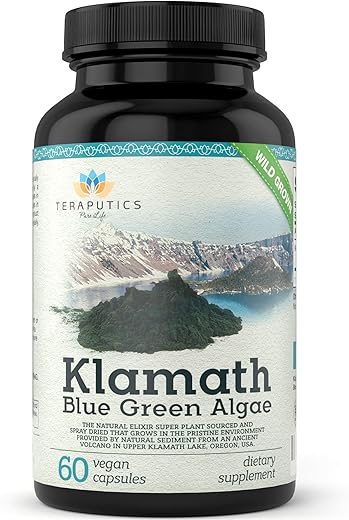 Teraputics - Premium Alga Azul do Lago Klamath – Mais Poderosa que Suplementos de Spirulina e Chlorella | SuperAlimento Puro Rico em Clorofila, Fonte Orgânica do Lago Klamath, 500mg, 60 cápsulas