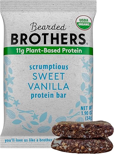 Barra de Proteína Orgânica Bearded Brothers [10 Unidades] 11g de Proteína Vegetal à Base de Plantas Sem Glúten Vegano, Não-OGM Lanche Saudável para Adultos Boa Fonte de Fibras (10 Pacotes, Baunilha)