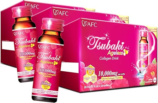 Japan Tsubaki – Bebida de Colágeno Ageless Beauty do Japão com 10.000mg de Peptídeos de Colágeno Marinho, 500mg de Geleia Real, Ácido Hialurônico e Vitaminas B - AFC