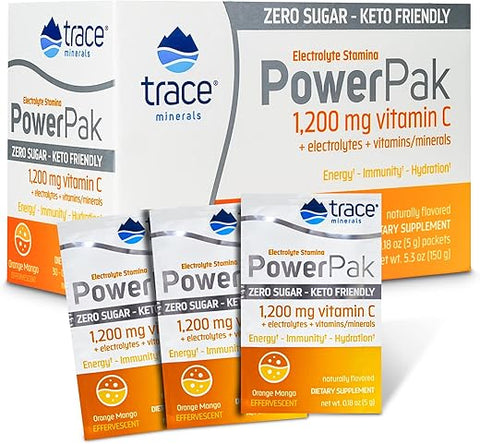 Power Pak Pacotes de Pó Eletrólito Sem Açúcar | 1200 mg Vitamina C, Zinco, Magnésio | Reforça a Imunidade, Hidratação e Energia Natural | Amigo do Keto | Sabor Laranja - Trace Minerals