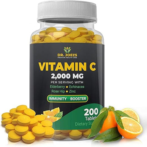 Dr. JOEL'S - Dr. JOEL’S Vitamina C 2000 mg – 200 Comprimidos – com Zinco, Sabugueiro, Rosa Mosqueta, Equinácea – Reforça o Sistema Imunológico – Fabricado nos EUA