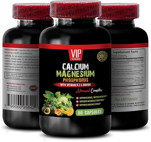VIP VITAMINS - Vitaminas para os Ossos e Articulações – Complexo Avançado de Cálcio, Magnésio, Fósforo, Vitamina D-3 e Boro – Suplemento de Cálcio e Magnésio – 60 cápsulas