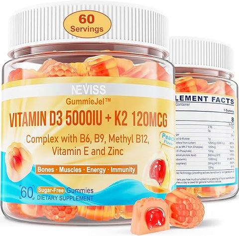 NEVISS - Vitamina D3 K2 Gomas Recheadas com Complexo de Vitamina B – Methyl B12, B9, B6 | Vitamina E | 5000UI D3 K2 (MK-7) 120mcg | Sem Açúcar