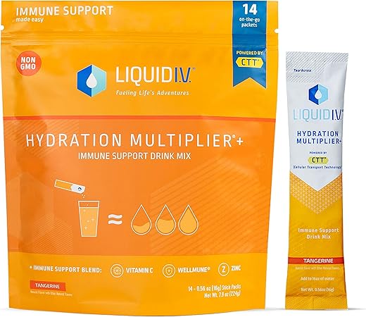Hydration Multiplier® Suporte Imunológico – Tangerina – Sachês de Pó para Hidratação | Mistura em Pó de Eletrólitos | Sticks de Porção Única Convenientes | Não-OGM | 14g - Liquid I.V.