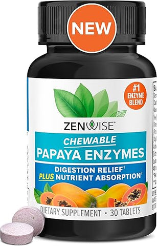 Enzimas Digestivas de Mamão com Bromelina para Saúde Digestiva e Alívio de Inchaço para Mulheres e Homens – Enzimas Mastigáveis para Digestão e Saúde Intestinal – 30 Unidades - Zenwise Health