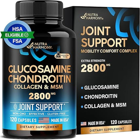 NUTRAHARMONY - Glucosamina Condroitina MSM Colágeno | Elegível FSA HSA | Suplemento Suporte Articular 2800 mg | Fabricado nos EUA | Aprovado FSA | Vitaminas Nutricionais Flexibilidade | Para