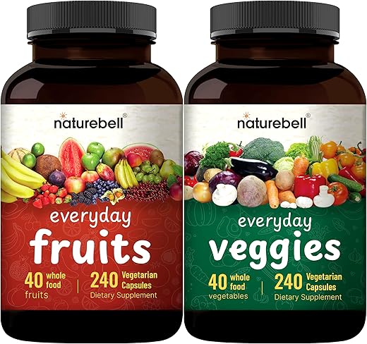 Suplementos NatureBell de Frutas e Vegetais para o Dia a Dia, 480 Cápsulas Vegetarianas no Total | Conjunto de 40 Frutas Inteiras e 40 Vegetais Inteiros – Fórmula Fresca de Super Alimentos com Vitaminas e