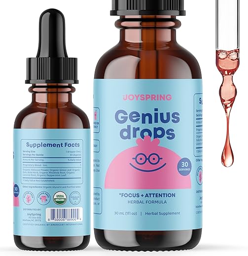 Genius Drops JoySpring – Suplemento de Foco Orgânico para Crianças | Comprovado Clinicamente para Melhor Desempenho Escolar | Suplemento Líquido de Foco Herbal para Crianças com