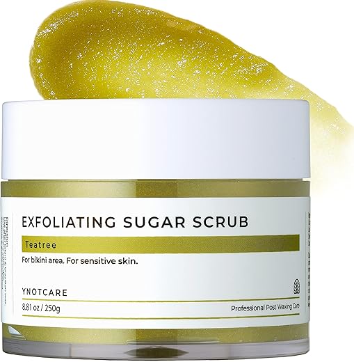 YNOTCARE - Esfoliante de Açúcar para Área Íntima do Biquíni, Pele Sensível, Previne Pelos Encravados e Irritações Após Depilação com Cera e Barbear do Biquíni, Tea Tree/250g
