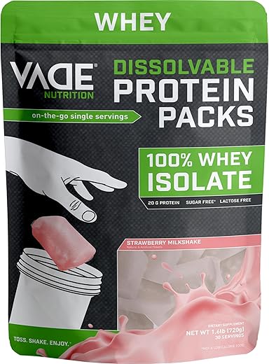 Pó de Proteína Isolada de Soro de Leite Sabor Milkshake de Morango Dissolvível | Prático, Baixo Carboidrato, Baixa Caloria, Sem Lactose, Sem Glúten, Sem Gordura, Sem Açúcar | Embalagens On-The-Go | 100% Natural - VADE Nutrition