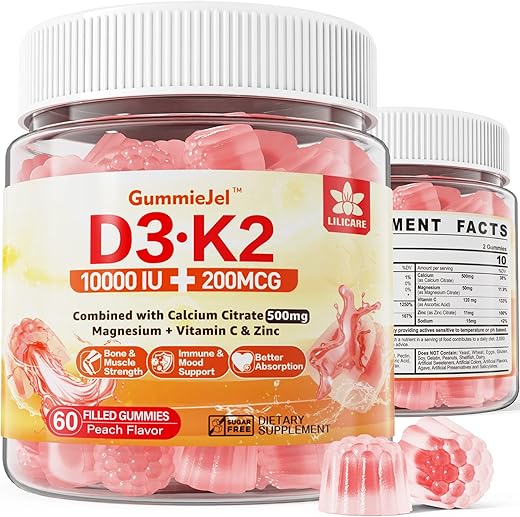 LILICARE - Gomas Recheadas de Vitamina D3 K2 sem Açúcar 5000UI / 10.000UI com 500mg de Cálcio K2 (MK-7) 200mcg, Citrato de Magnésio, Vitamina C, Extra Forte – Absorção Máxima para Ossos