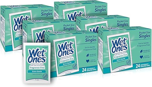Lenços Umedecidos para Mãos e Rosto Individuais, Sem Perfume, para Pele Sensível | Lenços Individuais, Embalados Individualmente | 24 un. (6 pacotes) - Wet Ones