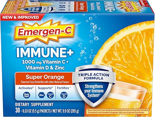 Triple Action Immune Support Powder – BetaVia, 1000mg Vitamina C, Vitaminas B, Vitamina D e Antioxidantes, Laranja Super – 30 Unidades (Pacote de 1) - Emergen-C