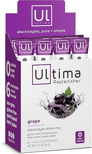Pó Hidratante de Eletrólitos, Uva, 20 Unidades, Sem Açúcar, Sem Carboidratos, Sem Calorias, Keto, Sem Glúten, Não-OGM, Vegano - Ultima Replenisher