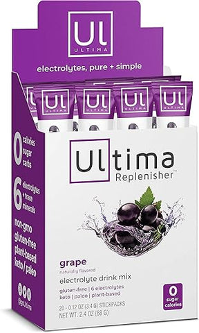 Pó Hidratante de Eletrólitos, Uva, 20 Unidades, Sem Açúcar, Sem Carboidratos, Sem Calorias, Keto, Sem Glúten, Não-OGM, Vegano - Ultima Replenisher