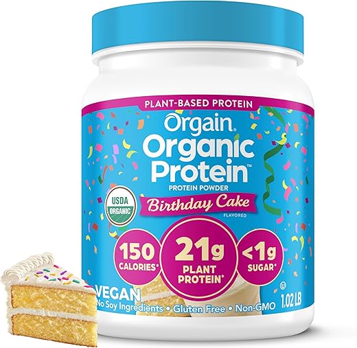 Proteína Vegana Orgânica em Pó, Sabor Bolo de Aniversário – 21g Proteína à Base de Plantas, 7g Fibra Prebiótica, Baixo Carboidrato Líquido, Ingredientes Sem Lactose, Sem Açúcar Adicionado, Não-OGM, para Shakes - Orgain