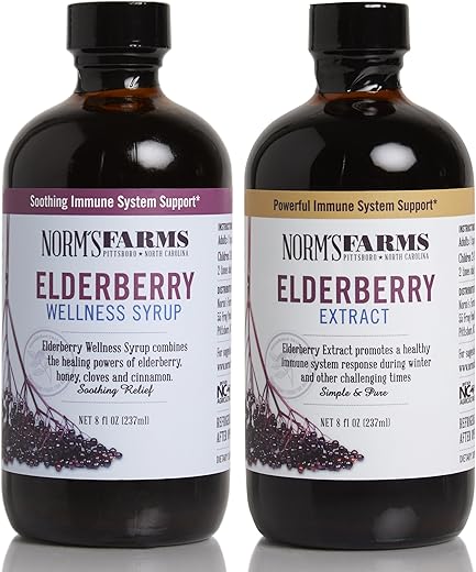 Norm's Farms - Norm’s Farms Xarope de Sabugueiro Preto e Extrato de Sabugueiro Preto – Suporte Natural ao Sistema Imunológico – 2 Recipientes de 240 ml
