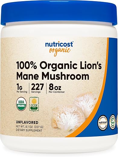 Pó de Cogumelo do Leão Orgânico (227 Porções) – Certificado USDA Orgânico, 8 oz (227g) - Nutricost