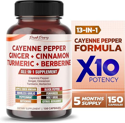 PEAKPURY - Cayenne Pepper 8000mg + Ginger 3000mg + Turmeric 2500mg + Berberine 2500mg – Suporte à Digestão e Saúde Intestinal – Fabricado nos EUA