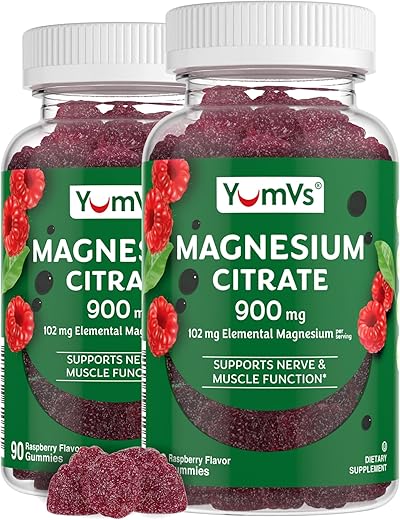 YUM-V'S - Magnesium Citrate Gummies YumVs | 900mg Citrato de Magnésio (102mg de Magnésio Elemental) | Citrato Altamente Absorvível | Suporta Nervos, Enzimas |