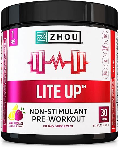 ZHOU - Zhou Nutrition Lite Up: Pó pré-treino sem estimulantes, impulsionador de óxido nítrico sem cafeína, sem adição de açúcar, vegano, sem glúten, não transgênico, sabor limonada de frutas vermelhas, 210g