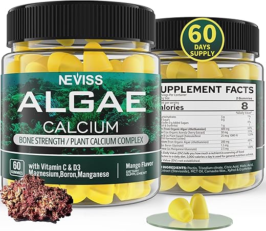NEVISS - (2 Pacotes) Gomas de Algas com Cálcio 600mg, Vitamina D3, C, Magnésio, Boro, Manganês – Suplemento de Cálcio à Base de Plantas para a Saúde dos Ossos