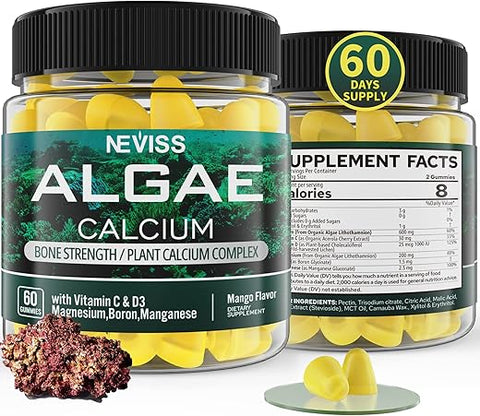 NEVISS - (2 Pacotes) Gomas de Algas com Cálcio 600mg, Vitamina D3, C, Magnésio, Boro, Manganês – Suplemento de Cálcio à Base de Plantas para a Saúde dos Ossos