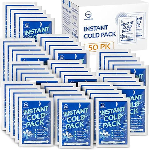 AllSett Health - 50 Pacotes de Gelo Instantâneo (6″ x 4.5″) – Pacotes Descartáveis de Gelo Instantâneo para Lesões | Compressa de Gelo Fria para Alívio da Dor, Inchaço, Primeiros Socorros, Dor de Dente, Atletas