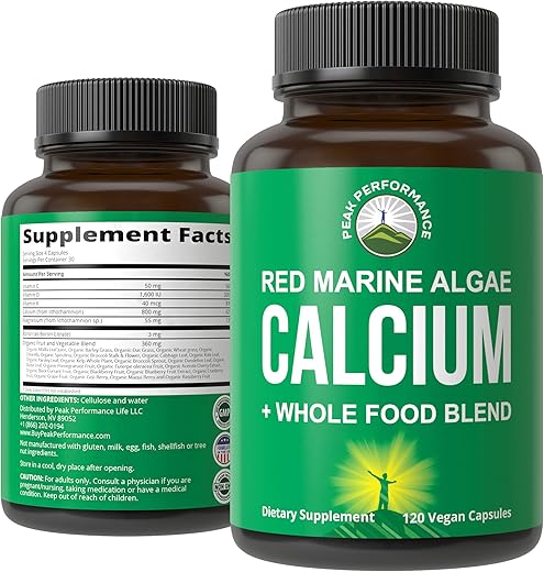 Peak Performance - Cálcio à base de plantas – Suplemento de cálcio de algas marinhas vermelhas com vitamina C, D3, K, magnésio e mistura de vegetais integrais. Cápsulas veganas para ossos e articulações. 120 cálcio