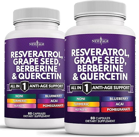 Resveratrol 6000mg Berberine 3000mg Extrato de Semente de Uva 3000mg Quercetina 4000mg – Suplemento Polifenólico para Mulheres e Homens com Extrato de Noni, N-Acetil Cisteína, Açaí – 100% Natural e Potente - NEW AGE