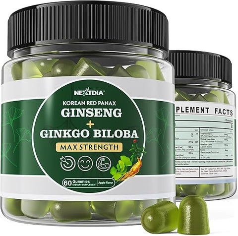 Nextdia - Gummies Ginkgo Biloba Sem Açúcar 500mg, Circulação Saudável, Com Ginseng Panax, Vitamina B12, Rhodiola Rosea, Bacopa Monnieri – Máximo de Resultados