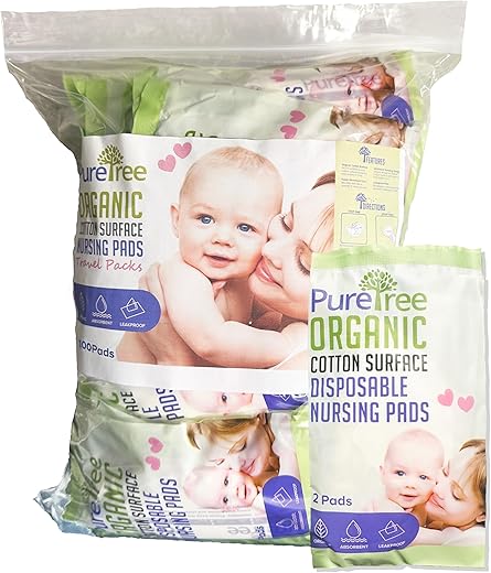 PureTree - Almofadas de Amamentação Descartáveis de Algodão Orgânico – Pacotes de Viagem (100 Almofadas)
