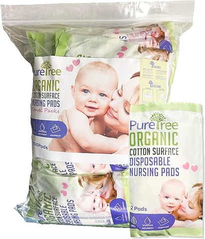 PureTree - Almofadas de Amamentação Descartáveis de Algodão Orgânico – Pacotes de Viagem (100 Almofadas)