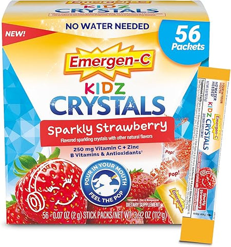 Kidz Crystals – Suplemento Imunológico On-the-Go com Vitamina C, Vitaminas B, Zinco e Manganês, Sabor Morango Brilhante – 56 Sachês Stick - Emergen-C