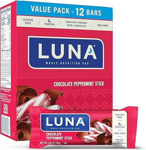 Luna Bar - LUNA Bar Chocolate Peppermint Stick – Sem Glúten – Não-OGM – 7-9g Proteína – Feito com Aveia Orgânica – Baixo Índice Glicêmico – Barras de Lanche Nutritivas – 48g (12 Unidades)