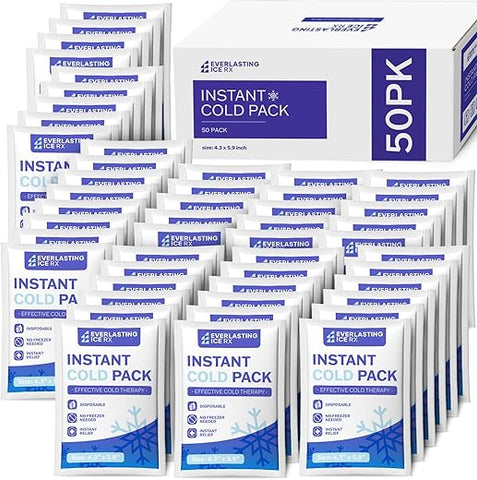 Everlasting Ice RX - 50 Pack – Pacotes de Gelo Instantâneo – Bolsas de Gelo Instantâneo para Lesões | Compressa de Gelo Descartável para Alívio da Dor, Inchaço, Inflamação, Entorses, Dor de Dente – Bolsa de Gelo para