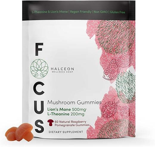 Halceon Wellness Shop - Halceon Wellness Gummies de Cogumelo do Leão e L-Teanina para Saúde Cerebral – Suplemento Nootrópico de Cogumelo do Leão – Vegano e Livre de Transgênicos – 60g
