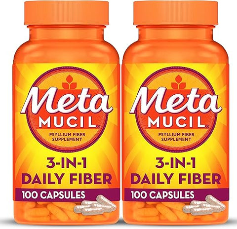 Fibra de Casca de Psyllium, 3 em 1 para Saúde Digestiva, à Base de Plantas, 100 Cápsulas (Pacote com 2) - Metamucil